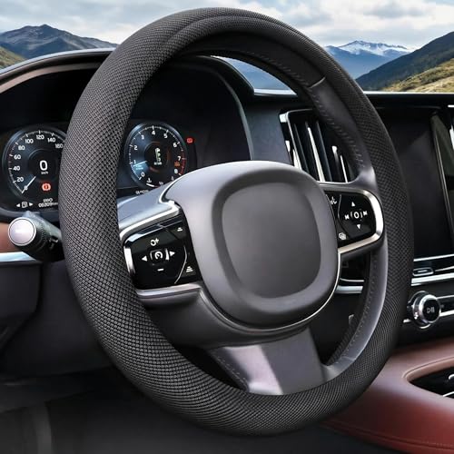 Universal Black Steering Wheel Cover, Microfiber Ice Silk Non-Slip Breathable Cooling Steering Wheel Protector with Upgraded Silicone Inner Ring Warm in Winter Cool in Summer - color: Black