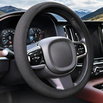 Universal Black Steering Wheel Cover, Microfiber Ice Silk Non-Slip Breathable Cooling Steering Wheel Protector with Upgraded Silicone Inner Ring Warm in Winter Cool in Summer - color: Black
