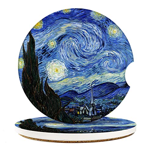 Car Coasters for Drinks Absorbent, 2 Pack Cup Holders, 2.56" Ceramic Stone & Non-Scratch Cork Base Coasters Cupholder, Auto Accessories for Women & Men Abstract Oil Painting