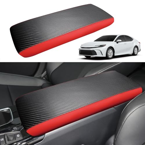 for Toyota Camry 2025 Car Armrest Cover Waterproof Center Console Pad Covers Scratch Resistance Box Cover Leather Protector Pad Decoration Accessories(Carbon Fiber + Red) - color: Carbon Fiber + Red