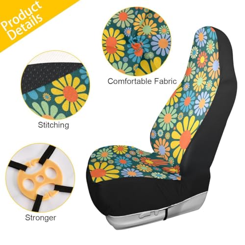 Colorful Hippie Flower Car Seat Covers Set of 2,Abstract Tropical Floral Pattern Cute Flowers Universal Auto Front Seat Cushion Protector for Women Decorative Car Accessories for Car Truck - color: Yellow Blue