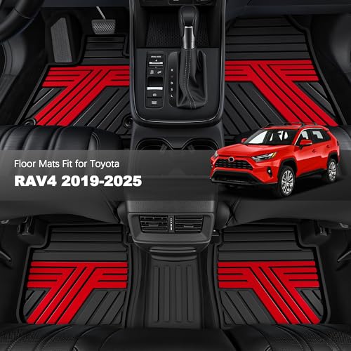 All Weather Floor Mats Custom Fit for Toyota RAV4 2019-2025 Waterproof Heavy Duty Anti-Slip Car Mats, 1st & 2nd Row Black & Red - color: Black & Red