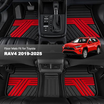 All Weather Floor Mats Custom Fit for Toyota RAV4 2019-2025 Waterproof Heavy Duty Anti-Slip Car Mats, 1st & 2nd Row Black & Red - color: Black & Red
