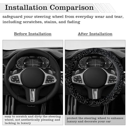 Black Bling Starry Sky Furry Steering Wheel Cover, Universal 14.5-15 Inch Winter Plush Warm Steering Wheel Cover, Soft Fluffy, Anti-Slip Design, Soft Texture - color: Black Starry Sky Plush