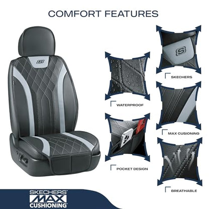 Skechers MAX Cushioning Car Seat Covers,Memory Foam Leather Car Seat Protectors, Airbag Safe Waterproof Sideless Front Seat Covers with Storage Pocket,Universal Fit for Cars Trucks SUV, Gray 2PCS