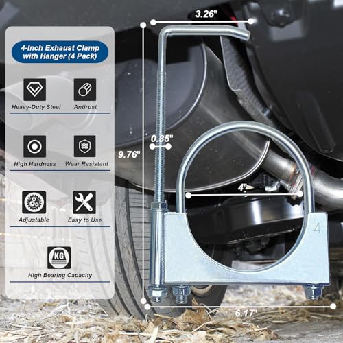 4" Universal Exhaust Clamp with Hanger, Muffler Exhaust for Automotive (4 Pcs) - size: 4 Inch-4 PACK