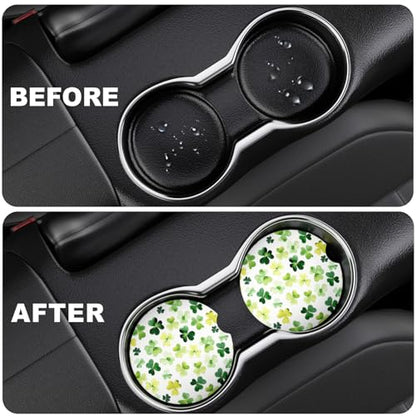 2 Pack Car Cup Holder Coaster, 2.63 inch Anti Slip Insert Absorbent Ceramic Car Coaster with Cork Base and Finger Notch, Cute Car Accessories Interior for Women, Cute Car Coasters., Clover
