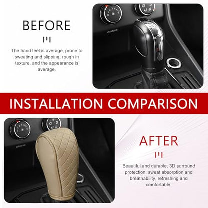Car Gear Shift Cover, Upgraded Leather Shift Knob Cover, Anti-Slip Breathable Automotive Gear Shifter Decoration Protector, Universal for Most Cars SUVs Trucks (Beige)