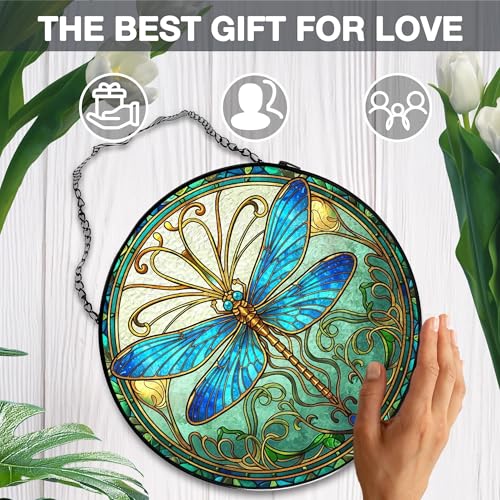 Blue Dragonfly Stained Glass Window Hanging, Dragonfly Suncatcher, Inset and Plant Suncatchers Sun Catchers Indoor Window Glass Wall Art Decor for Women Mom Grandma, 7.9x7.9in