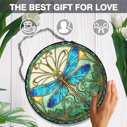 Blue Dragonfly Stained Glass Window Hanging, Dragonfly Suncatcher, Inset and Plant Suncatchers Sun Catchers Indoor Window Glass Wall Art Decor for Women Mom Grandma, 7.9x7.9in