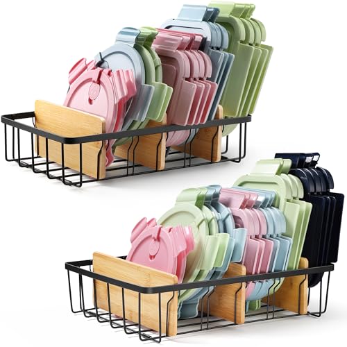 2-Pack Adjustable Lid Organizers - Large Kitchen Cabinet Organizer for Food Storage Container and Tumbler Cup Lids with 6 Bamboo Dividers -Organizers in Kitchen/Pantry/Laundry Room(Size:M+L) - size: 2-Pack Medium & Large