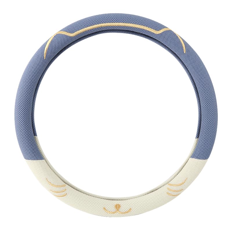 38cm Car Steering Wheel Cover, Universal 15 inch, Microfiber Breathable Ice Silk, Anti-Slip, Odorless, Easy to Install, Blue and White Contrast Design, Cute Cat for Girls, Ladies, Women