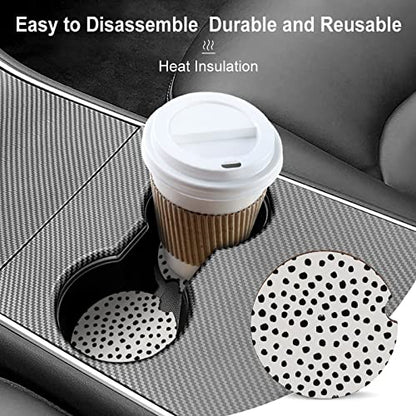 Absorbent Car Cupholder Coaster 2 Pack,Ceramic Stone with a Finger Notch for Women & Lady,Cork Base Drink Coasters 2.56 Inch,Cute Auto Accessories Gifts - Cute Black Polka Dot