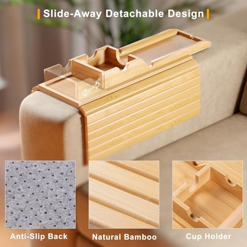 Bamboo Sofa Armrest Tray - Couch Arm Tray with Detachable Couch Cup Holder - 2 in 1 Anti-Slip Foldable Sofa Armchair Caddy Table for Drinks Cellphone TV Remote Snacks - color: Bamboo, size: 16.3" x 13.3" x 2"