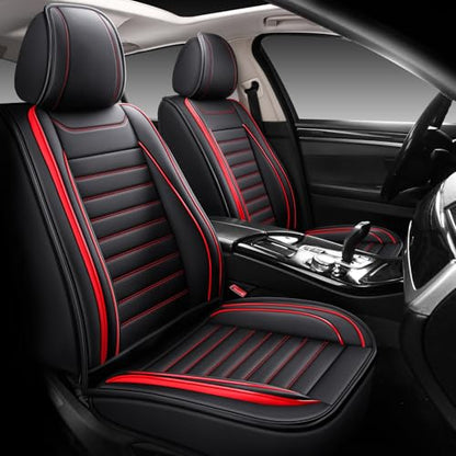 MINGBRON Leather Car Seat Covers Full Set, Universal Faux Leather Car Seat Covers 5 Seats, Automotive Seat Covers for Most Sedans SUVs Trucks, Front and Rear Seat Covers,Wine Red - color: RedA, size: 5 Seat Covers (Front & Rear)