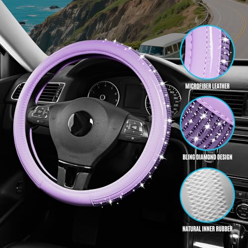 Road Comforts Bling Steering Wheel Cover – Purple Diamond Design, Universal Fit 14.5-15 Inch, Microfiber Leather, Anti-Slip & Breathable Design for Men and Women - color: Purple & Purple
