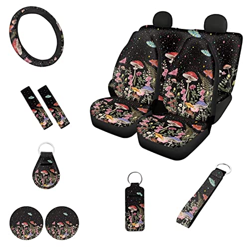 Butterfly Mushroom Auto Seat Covers Universal Fit Car Steering Wheel Cover+2PCS Shoulder Seat Belt+2 Pcs Coaster+2 Pcs Key Chain+1 Pcs Chapstick Holder Pouch Mushroom Decor Accessories - color: Butterfly Mushrooms