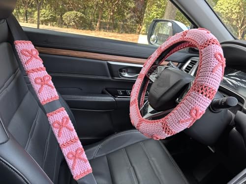 Handmade Crochet Pink Bow Car Steering Wheel Covers Universal 14-15 inch,Cute Steering Wheel Cover,Car Accessories (A: Wheel Cover+2Belt Cover) - color: A:Wheel Cover+2Belt Cover