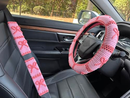 Handmade Crochet Pink Bow Car Steering Wheel Covers Universal 14-15 inch,Cute Steering Wheel Cover,Car Accessories (A: Wheel Cover+2Belt Cover) - color: A:Wheel Cover+2Belt Cover