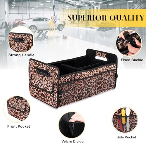 Car Trunk Organizer, Car Organizers and Storage Collapsible Multi Compartment Container Box, Adjustable Car Accessories for SUV Sedan Truck, Standard Size, Leopard print - color: Leopard print, size: Standard