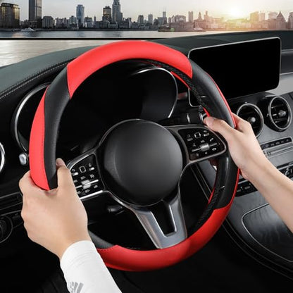 Car Steering Wheel Cover, Leather Steering Wheel Cover,Universal 15 inch Anti-Slip Comfortable Steering Wheel Covers Men Women (Red) - color: Red