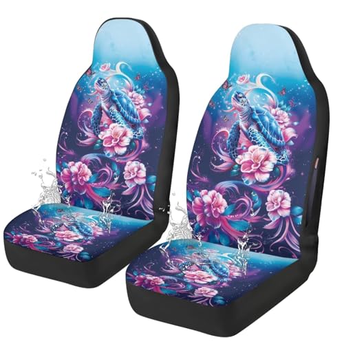 2 Piece Front Car Seat Cover, Sea Turtle Flower Printed Car Seat Covers for Front Seats Waterproof, Airbag Compatible, Universal Fit for SUV - color: Blue and Pink - Sea Turtle Flower