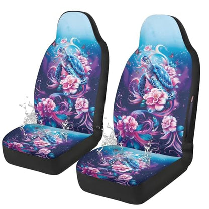 2 Piece Front Car Seat Cover, Sea Turtle Flower Printed Car Seat Covers for Front Seats Waterproof, Airbag Compatible, Universal Fit for SUV - color: Blue and Pink - Sea Turtle Flower