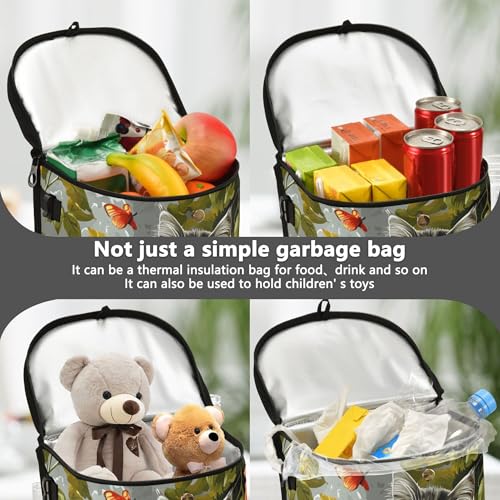 MNSRUU Car Trash Can with Lid, Gray Cat on The Garden Fence Car Trash Bag Hanging Organizers and Storage for Front Back Seat, Leak-Proof Trash Bin - color: Cats I14284