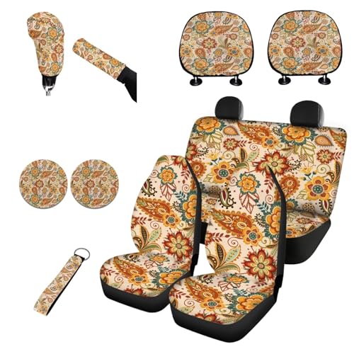 Horeset Retro Flowers Front & Rear Car Seat Covers with Lanyards Key Ring Car Cup Coaster Cars Headrest Cover Handbrake and Gear Shift Knob Sleeve Set of 11 Decor Interior Car Accessories - color: Retro Flowers