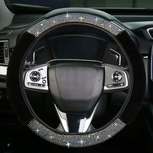 Bling Fluffy Steering Wheel Cover for Women Girls, Rhinestone Diamond Sparkling Fur Steering Wheel Protector Elastic Steering Wheel Covers Winter Warm Universal Fit 14-15 inches -Black - color: Black02