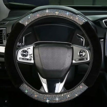 Bling Fluffy Steering Wheel Cover for Women Girls, Rhinestone Diamond Sparkling Fur Steering Wheel Protector Elastic Steering Wheel Covers Winter Warm Universal Fit 14-15 inches -Black - color: Black02