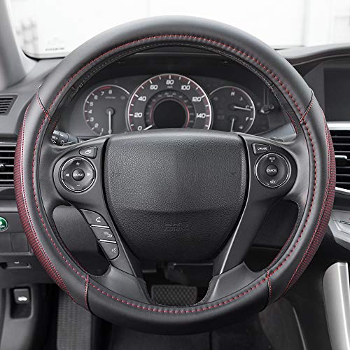 Motor Trend Wine Steering Wheel Cover - Dotted Comfort Polyester Grip on Stitched Synthetic Leather, Wine Stitching/Black - color: Wine Stitching / Black, size: Fits 14.5 - 15" SW