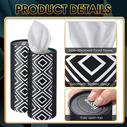 Outus 12 Pcs Geometric Car Tissues Cylinder Holder with 3 Ply Facial Tissue Bulk Black White Round Tissue Holder Travel Tissues Boxes Container for Car Cup Wedding Birthday Party - style: Geometric