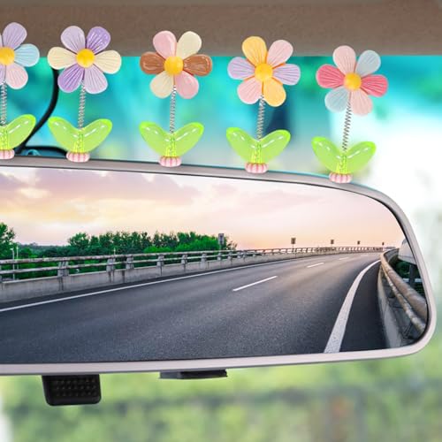 5pcs Cute Car Accessories for Women, Shaking Spring Rainbow Flower Dashboard Decorations with Strong Adhesive Property, Car Decorations Interior UV-Resistant for Gifts