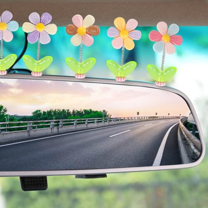 5pcs Cute Car Accessories for Women, Shaking Spring Rainbow Flower Dashboard Decorations with Strong Adhesive Property, Car Decorations Interior UV-Resistant for Gifts