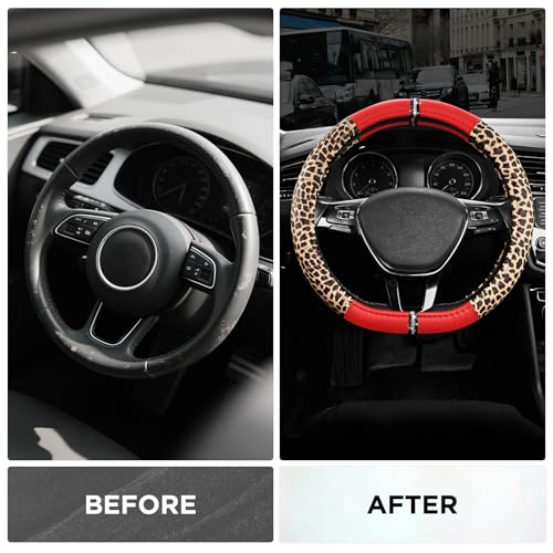Road Comforts Leopard Steering Wheel Cover for Women, Cute Anti-Slip Microfiber Leather, Fits D Shape Flat Bottom Steering Wheel 14.5-15 Inch - Red - color: D Shape-Red