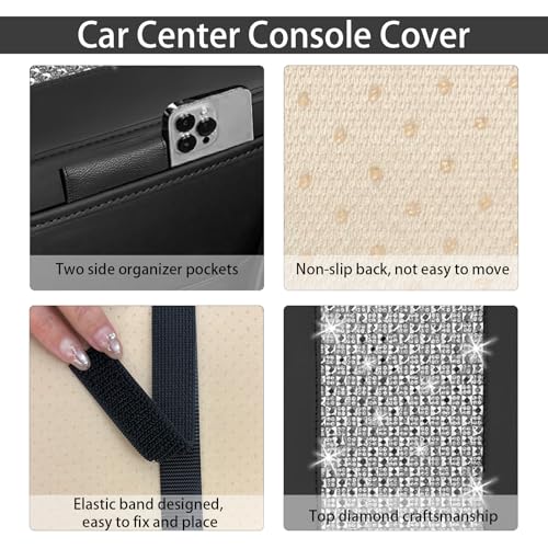 NBTEPEM Bling Car Armrest Cover, Universal Microfiber Leather Center Console Cover with 2 Pockets, Rhinestone Car Armrest Cushion Protector, Bling Accessories Interior (Silver Diamond) - color: Silver Diamond