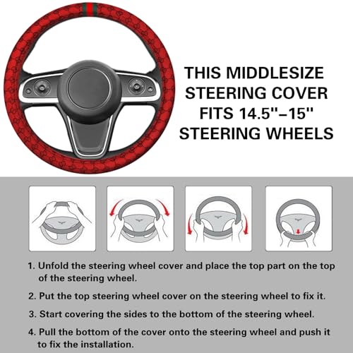 5PCS Steering Wheel Cover, with 2 Headrests, 2 Seat Belt Covers - Universal Fit for 14.5-15" Steering Wheel, Enhances Driving Experience - Perfect for Women (Red) - color: Red