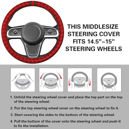 5PCS Steering Wheel Cover, with 2 Headrests, 2 Seat Belt Covers - Universal Fit for 14.5-15" Steering Wheel, Enhances Driving Experience - Perfect for Women (Red)