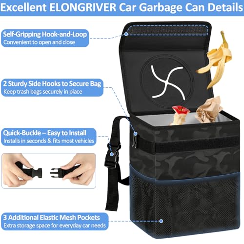 ELONGRIVER Car Trash Can Bin for Back Seat Leak Proof, Cute Car Trash Bag Hanging, Vehicle Trash Can for SUV Truck Van, Automotive Garbage Cans Front Seat Camo Black - color: Camo Black, size: 2 Gallons