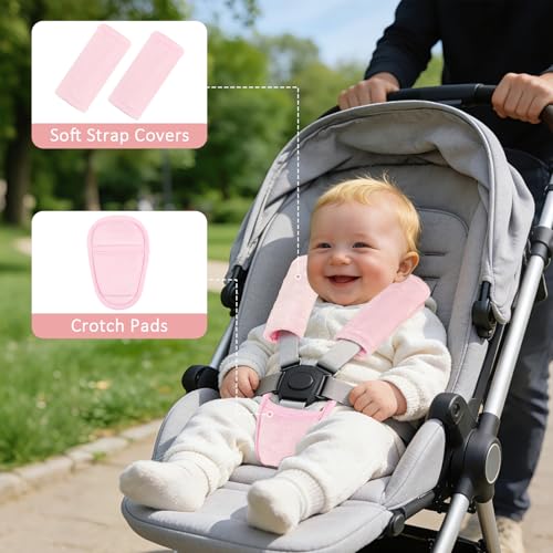SWESEN Baby Car Seat Strap Covers, 3 Piece Soft Car Seat Strap Shoulder Pads for Baby Girls Boys, Double-Sided Use carseat Straps Covers for Stroller, Car Seats, Pushchair, Pink - color: Pink