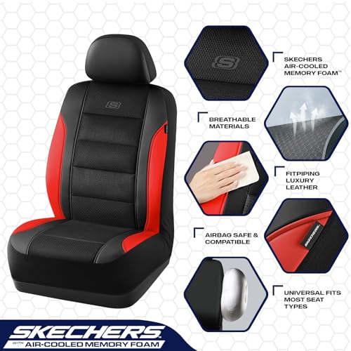 Skechers Aircooled & Memory Foam Seat Covers,Premium Leather with EVA Mesh Car Seat Covers,Seat Cover Full Sets,Airbag Compatible Automotive Comfort for Most Cars, Vans, Trucks, SUV,Red - color: Black/Red, size: Full Set