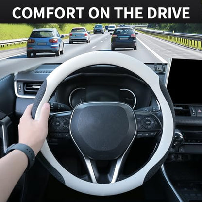 Uxcer Nappa Leather Steering Wheel Cover, Universal 14.5–15 Inch Non-Slip Breathable Steering Wheel Cover for Cars, White - color: White