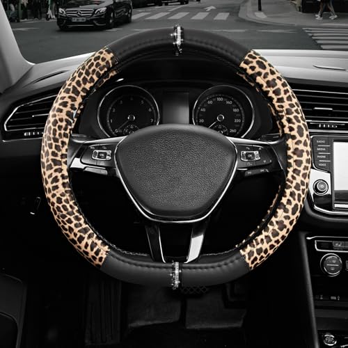 Road Comforts Leopard Steering Wheel Cover for Women, Cute Anti-Slip Microfiber Leather, Fits D Shape Flat Bottom Steering Wheel 14.5-15 Inch - Black - color: D Shape-Black