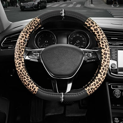 Road Comforts Leopard Steering Wheel Cover for Women, Cute Anti-Slip Microfiber Leather, Fits D Shape Flat Bottom Steering Wheel 14.5-15 Inch - Black - color: D Shape-Black