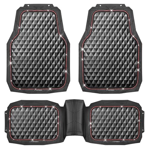 CAR PASS Bling Diamond Rubber Car Mats, Heavy Duty Deep Dish All-Weather Floor Mat Full Set Anti-Slip 3D Rhombus Waterproof Trim to Fit Liner Universal Glitter Sparkly Shining Rhinestone, 3 Pcs Red - color: Red Diamond