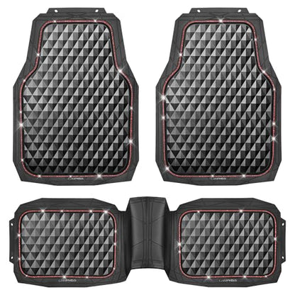CAR PASS Bling Diamond Rubber Car Mats, Heavy Duty Deep Dish All-Weather Floor Mat Full Set Anti-Slip 3D Rhombus Waterproof Trim to Fit Liner Universal Glitter Sparkly Shining Rhinestone, 3 Pcs Red - color: Red Diamond