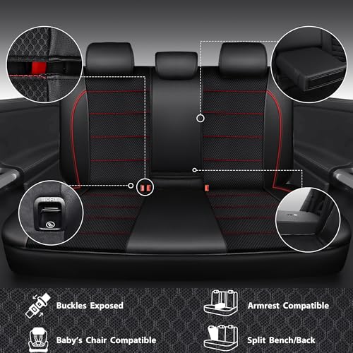 CAR PASS Mesh Leather Car Seat Covers Full Set,Breathable Mesh Faux Leather Seat Covers for Car, Universal Fit for SUV Truck Sedan Automotive, Airbag Compatible, Black and Red - color: Red Black Mesh Leather