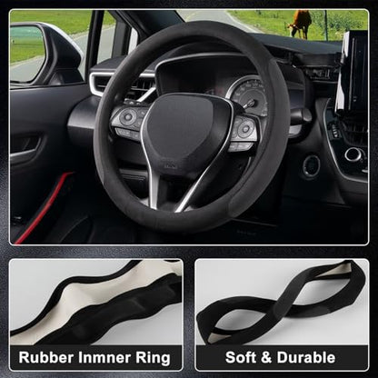 15 inch Microfiber Suede Car Steering Wheel Cover, Universal Anti-Slip Grip Protector for SUV Truck, Black & Grey