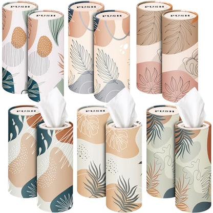 Outus 12 Pcs Boho Car Tissues Cylinder Holder with 3 Ply Facial Tissue Bulk Black White Round Tissue Holder Travel Tissues Boxes Container for Car Cup Wedding Birthday Party - style: Boho 1